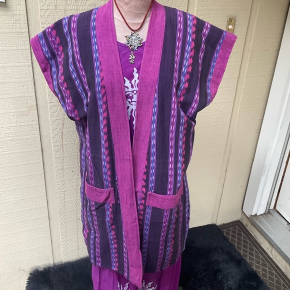 Handmade reversible purple cotton aztec Ikat tunic vedt open front jacket OS - Picture 5 of 13